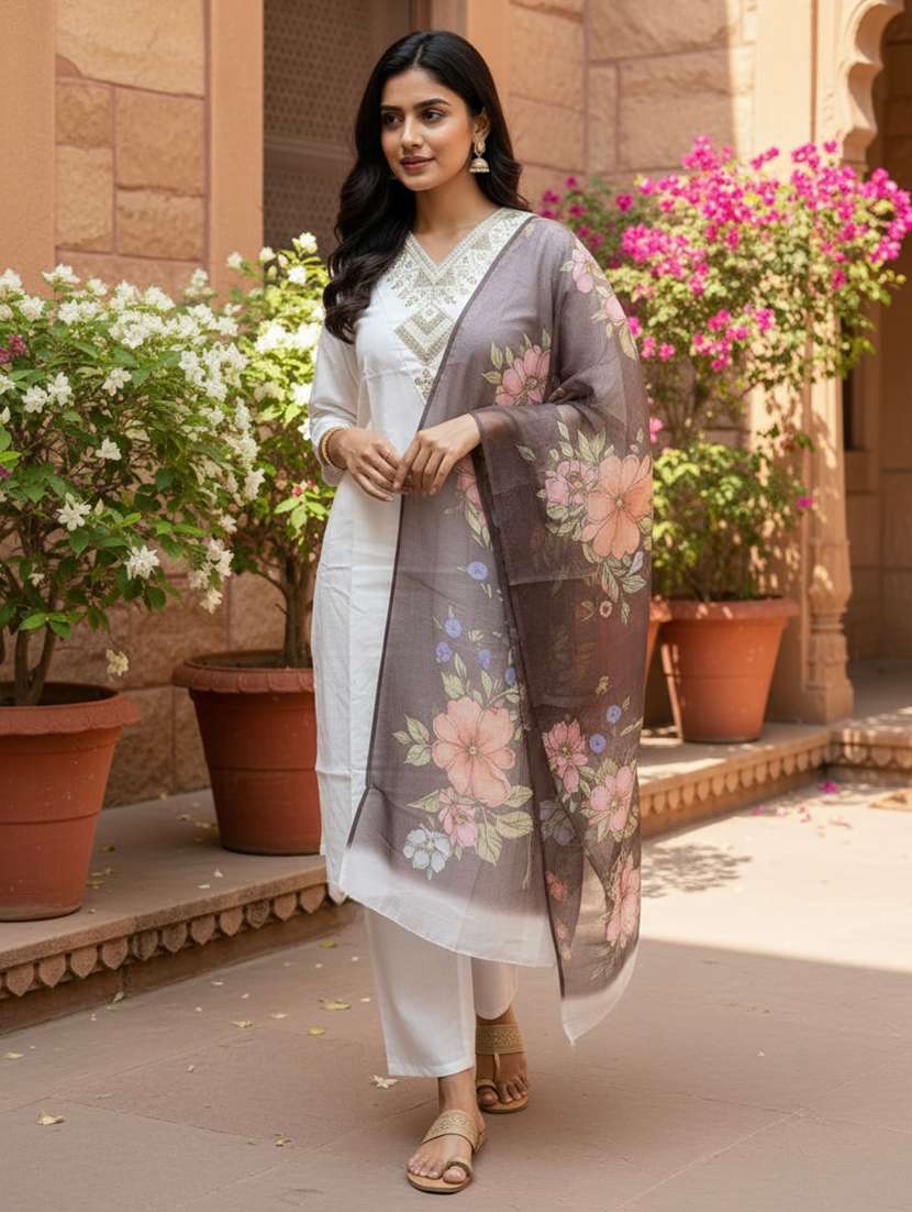 women embroidered three quarter sleeve kurta pant with dupatta set - 22527143 -  Standard Image - 1