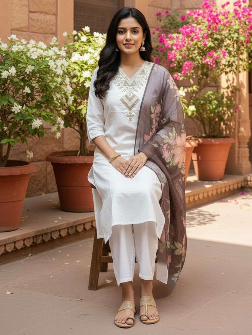 women embroidered three quarter sleeve kurta pant with dupatta set - 22527143 -  Standard Image - 4