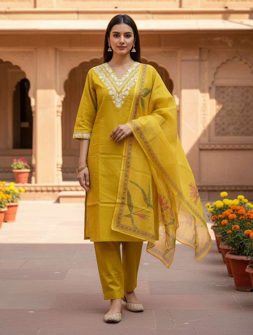 women embroidered three quarter sleeve kurta pant with dupatta set