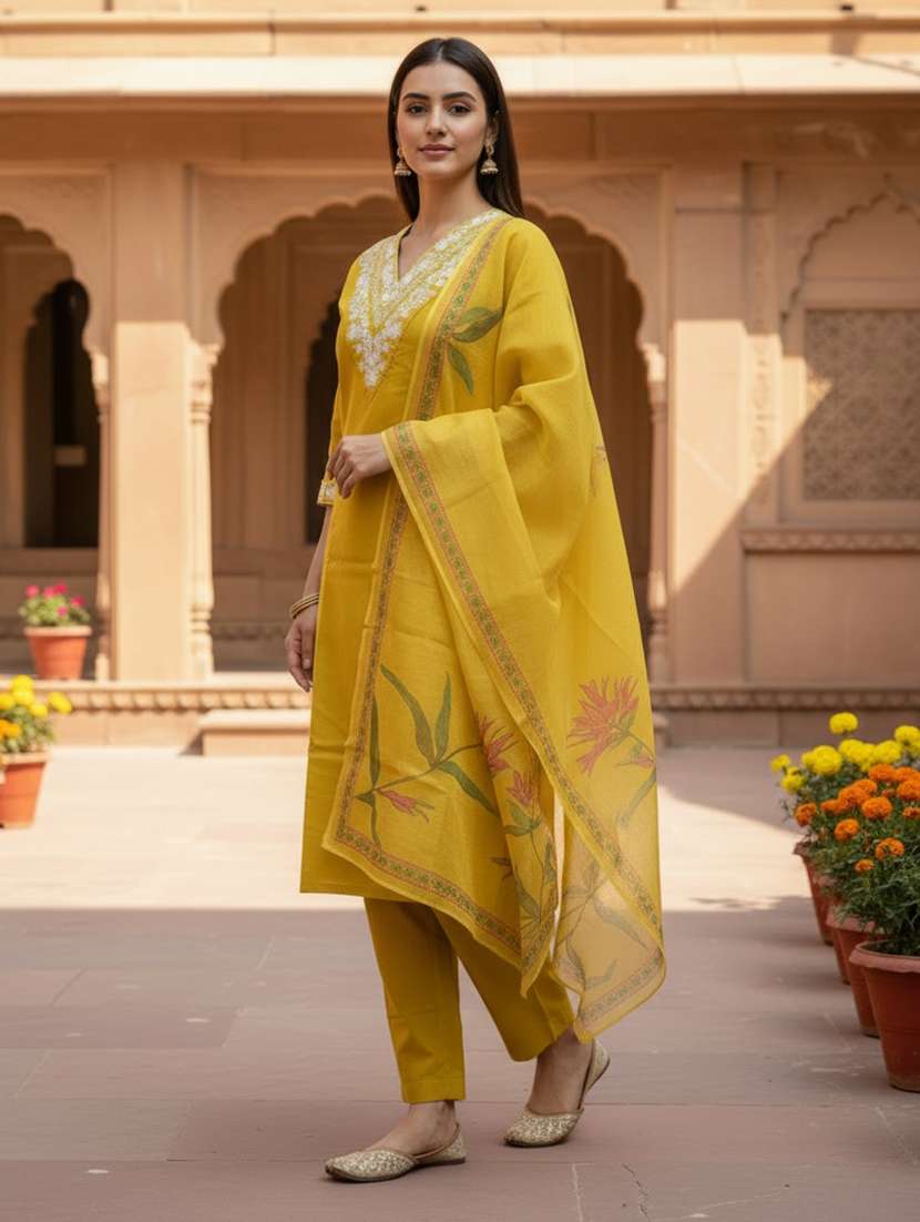 women embroidered three quarter sleeve kurta pant with dupatta set - 22527144 -  Standard Image - 1