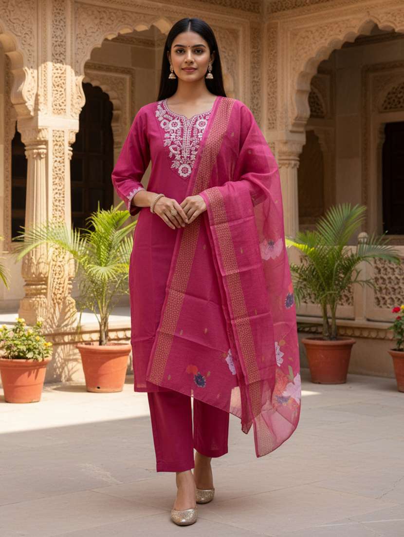 women embroidered three quarter sleeve kurta pant with dupatta set - 22527147 -  Standard Image - 1