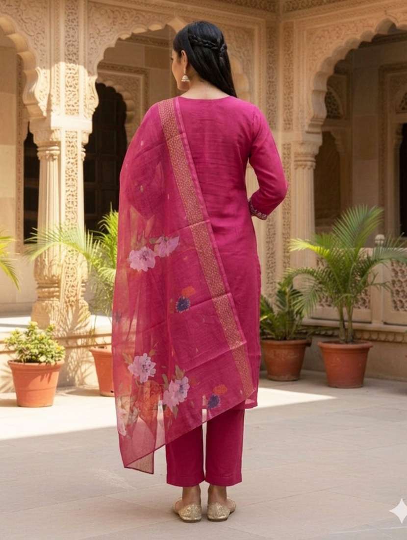 women embroidered three quarter sleeve kurta pant with dupatta set - 22527147 -  Standard Image - 4