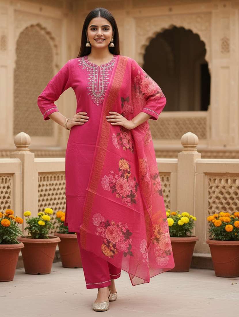 women embroidered three quarter sleeve kurta pant with dupatta set - 22527148 -  Standard Image - 1