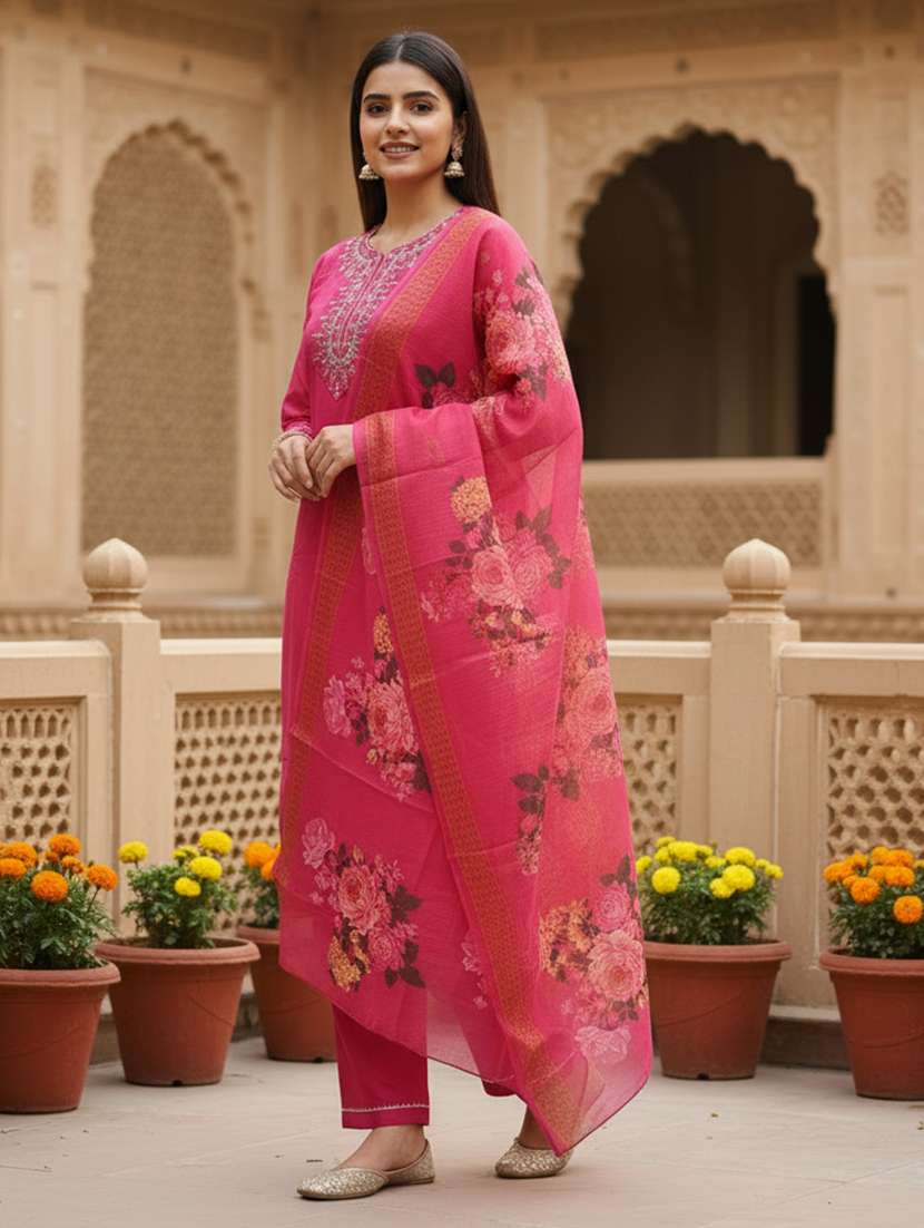 women embroidered three quarter sleeve kurta pant with dupatta set - 22527148 -  Standard Image - 4
