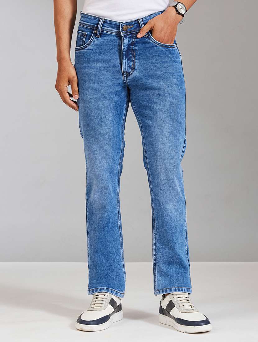 men washed mid rise full length straight jeans