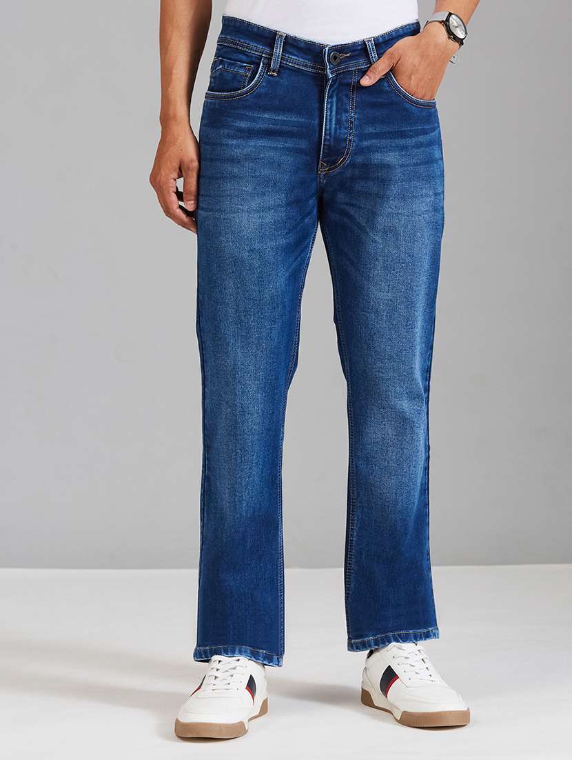 men washed mid rise full length straight jeans