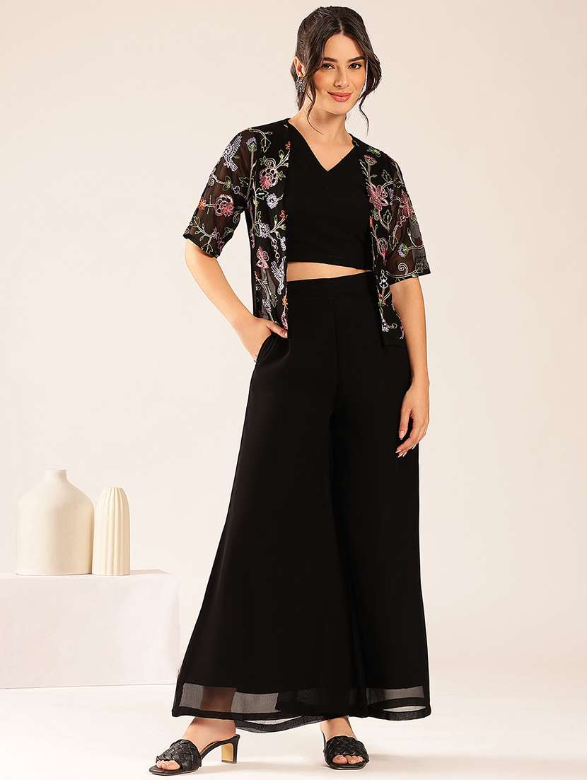 women embroidered short sleeve top & palazzo fusion set