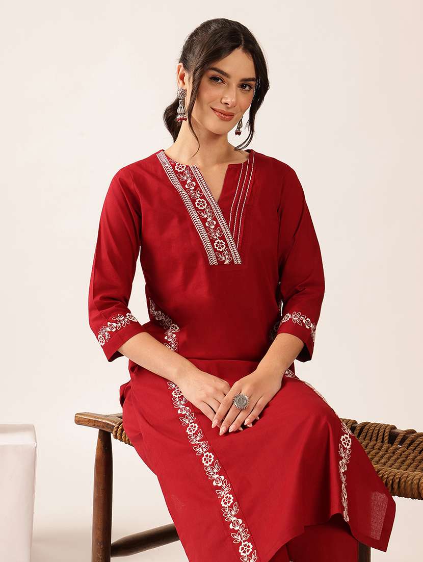women embroidered three quarter sleeve kurta pant set - 22527349 -  Standard Image - 4