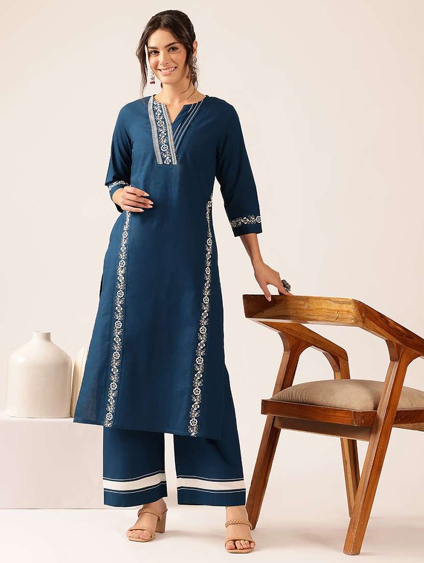women embroidered three quarter sleeve kurta pant set