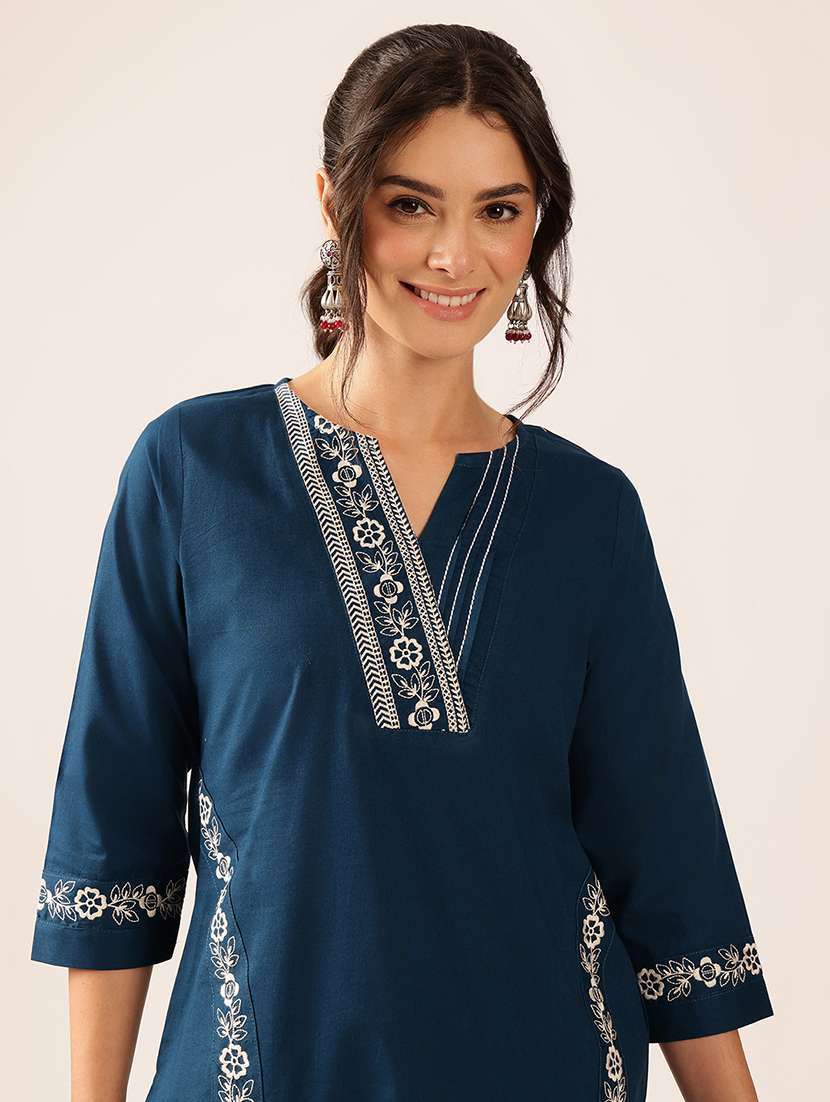 women embroidered three quarter sleeve kurta pant set - 22527350 -  Standard Image - 1