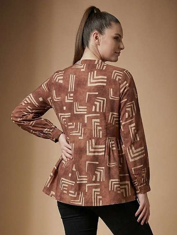 women printed mandarin neck a-line top - 22527561 -  Standard Image - 4