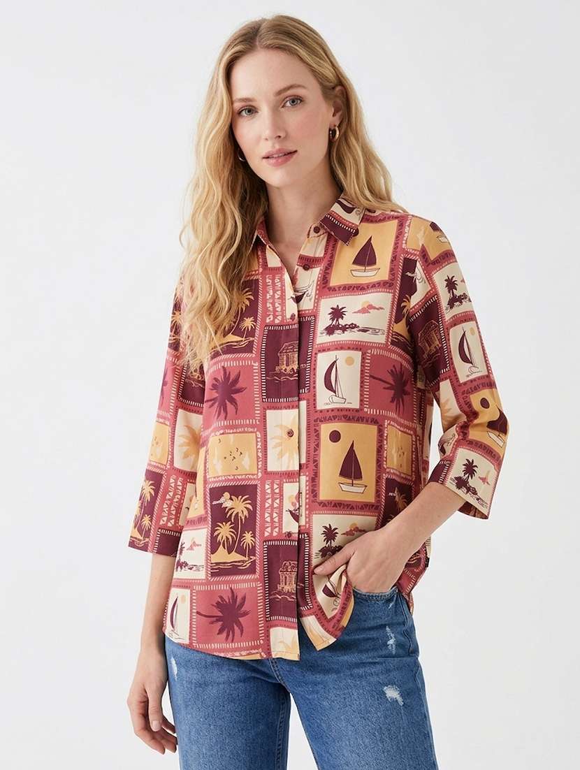 women printed collared regular shirt