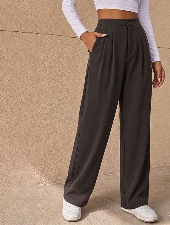 women solid high rise straight fit trouser