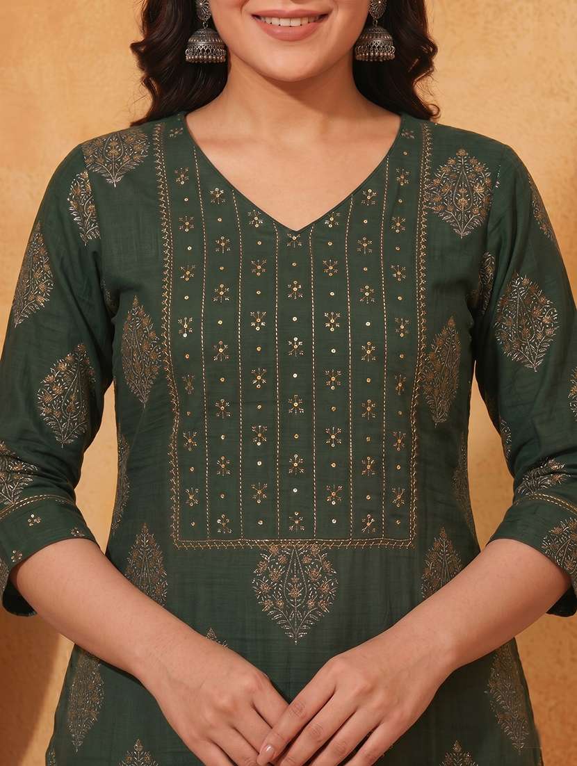 women printed three quarter sleeve kurta pant with dupatta set - 22527575 -  Standard Image - 1