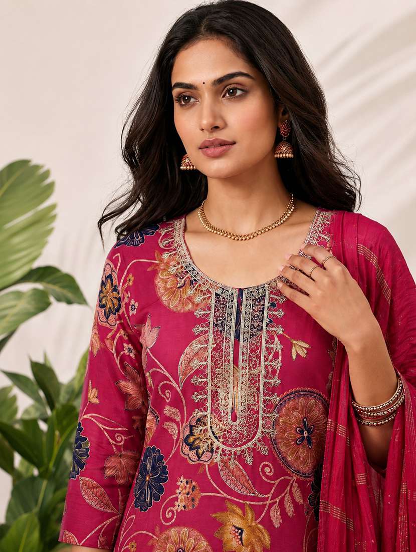 women printed three quarter sleeves kurta and pant set with dupatta - 22527687 -  Standard Image - 1