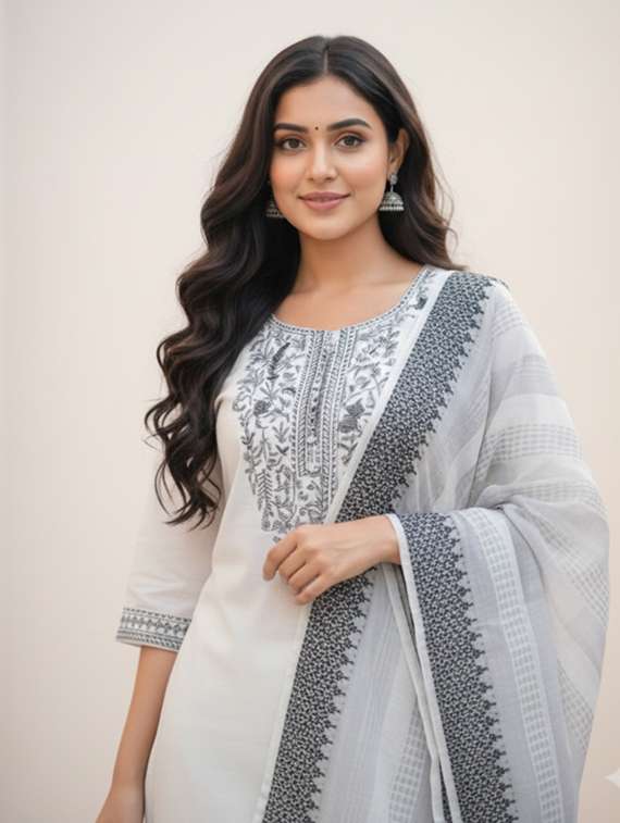 women embroidered three quarter sleeves kurta pant set with dupatta - 22527712 -  Standard Image - 1