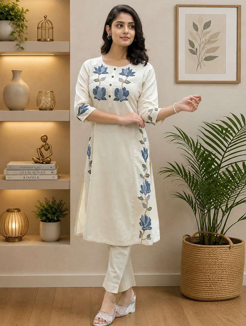 women embroidered three quarter sleeves kurta pant set