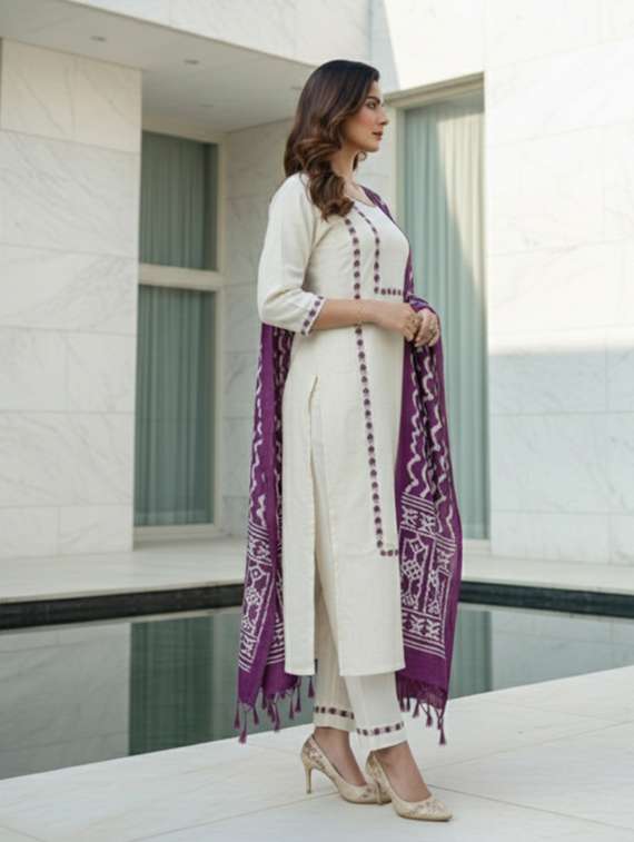 women embroidered three quarter sleeves kurta pant set with dupatta - 22527714 -  Standard Image - 1