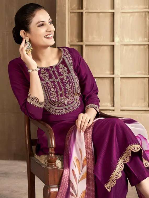women embroidered three quarter sleeves kurta pant set with dupatta - 22527720 -  Standard Image - 1