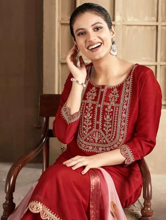 women embroidered three quarter sleeves kurta pant set with dupatta - 22527721 -  Standard Image - 1