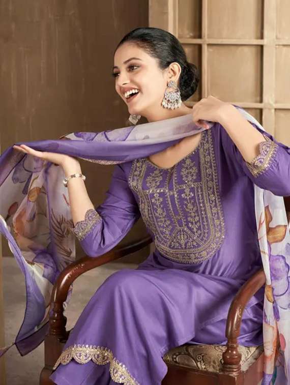 women embroidered three quarter sleeves kurta pant set with dupatta - 22527723 -  Standard Image - 1