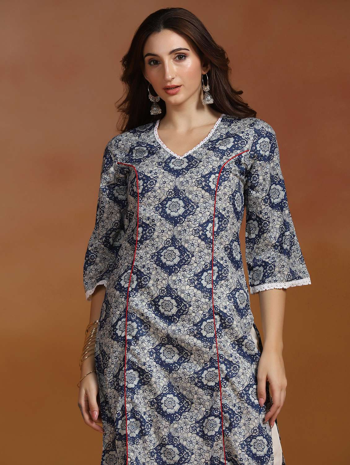 women printed three quarter sleeves straight kurta - 22527726 -  Standard Image - 1