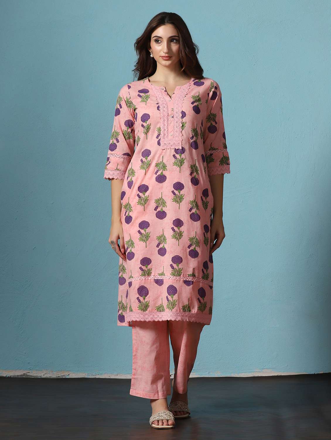 women printed three quarter sleeves kurta and pant set - 22527749 -  Standard Image - 1
