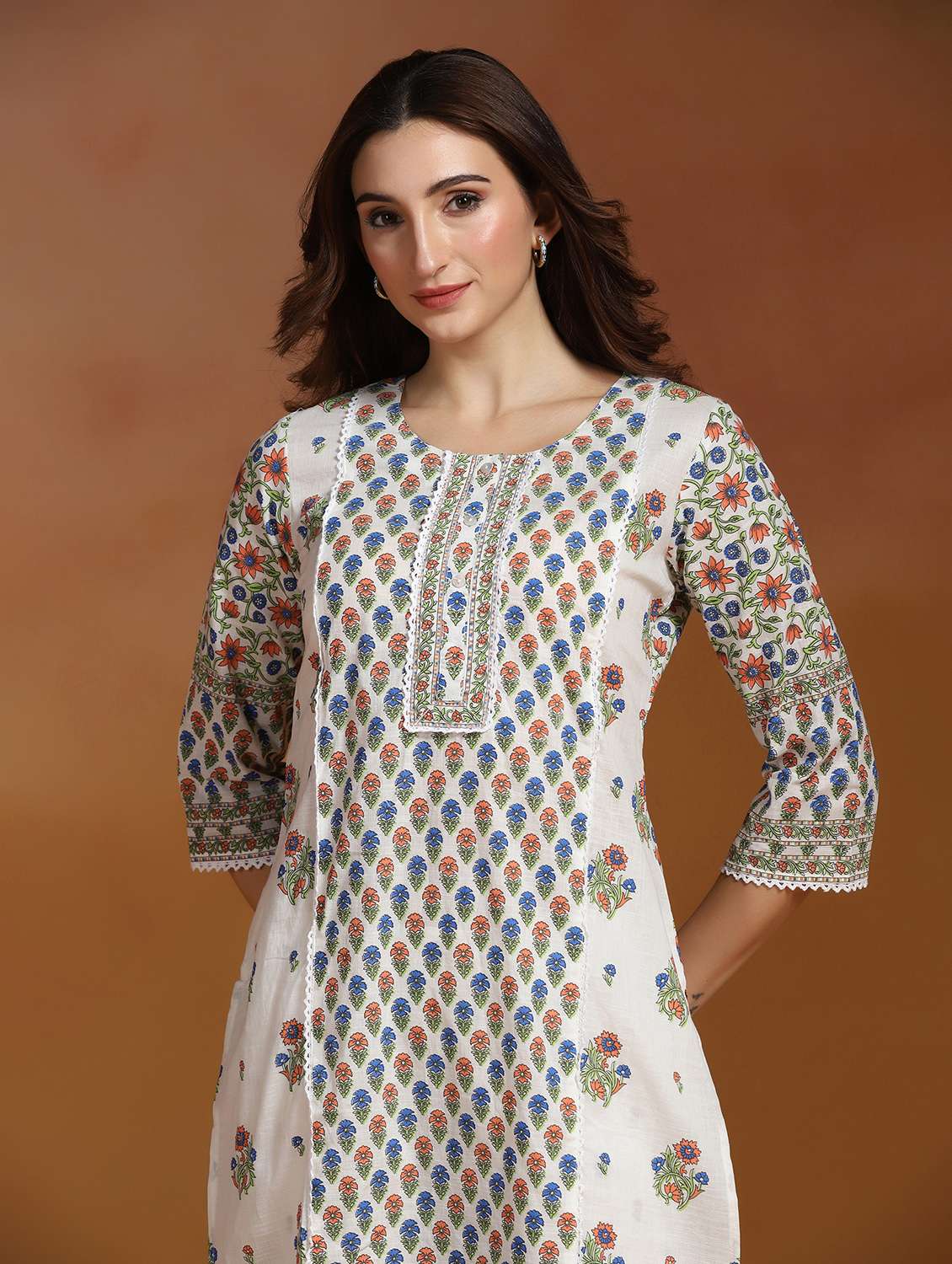 women printed three quarter sleeves kurta and pant set - 22527750 -  Standard Image - 1