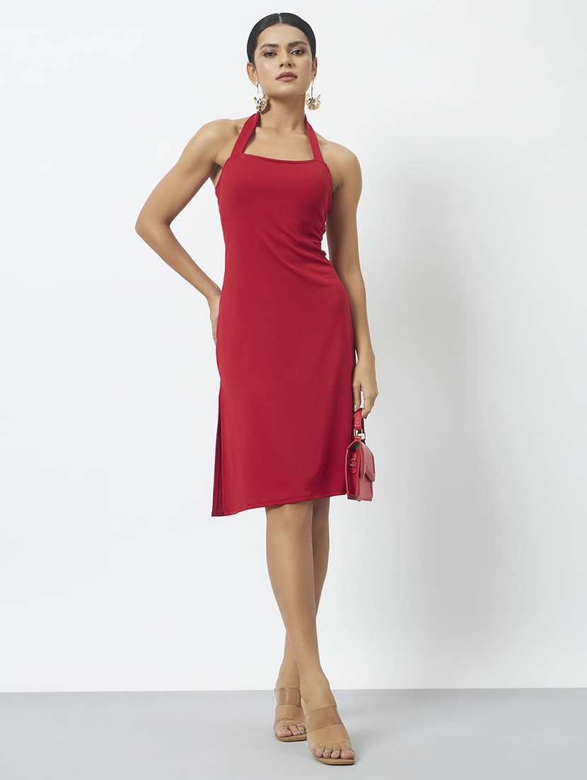 women solid halter neck a-line dress