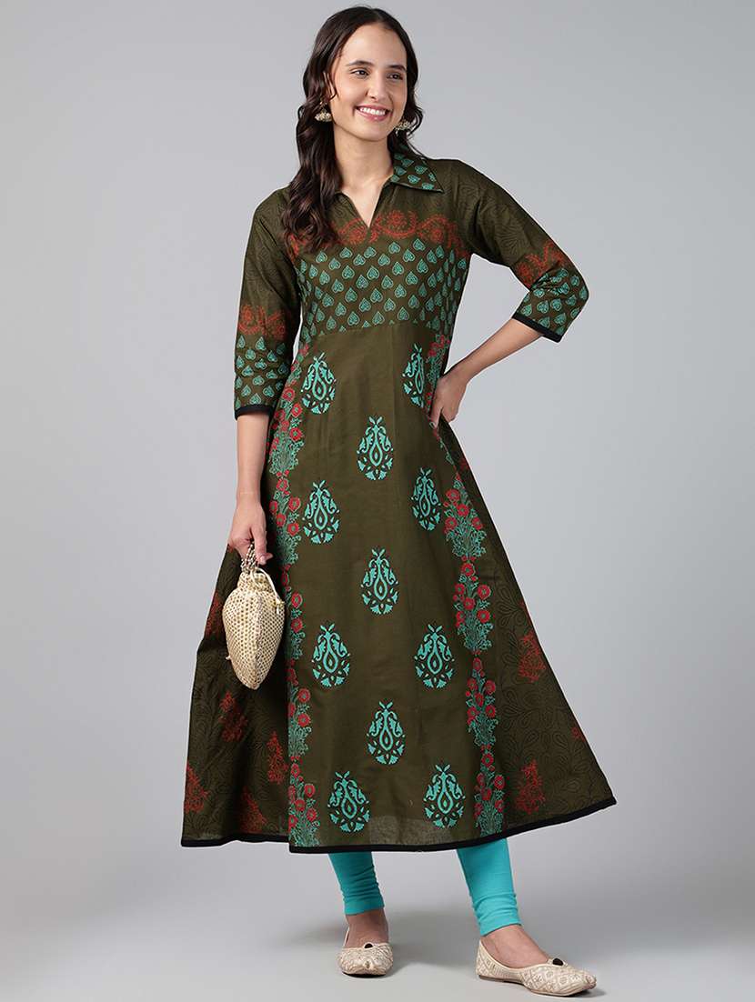 women printed three quarter sleeve anarkali kurta