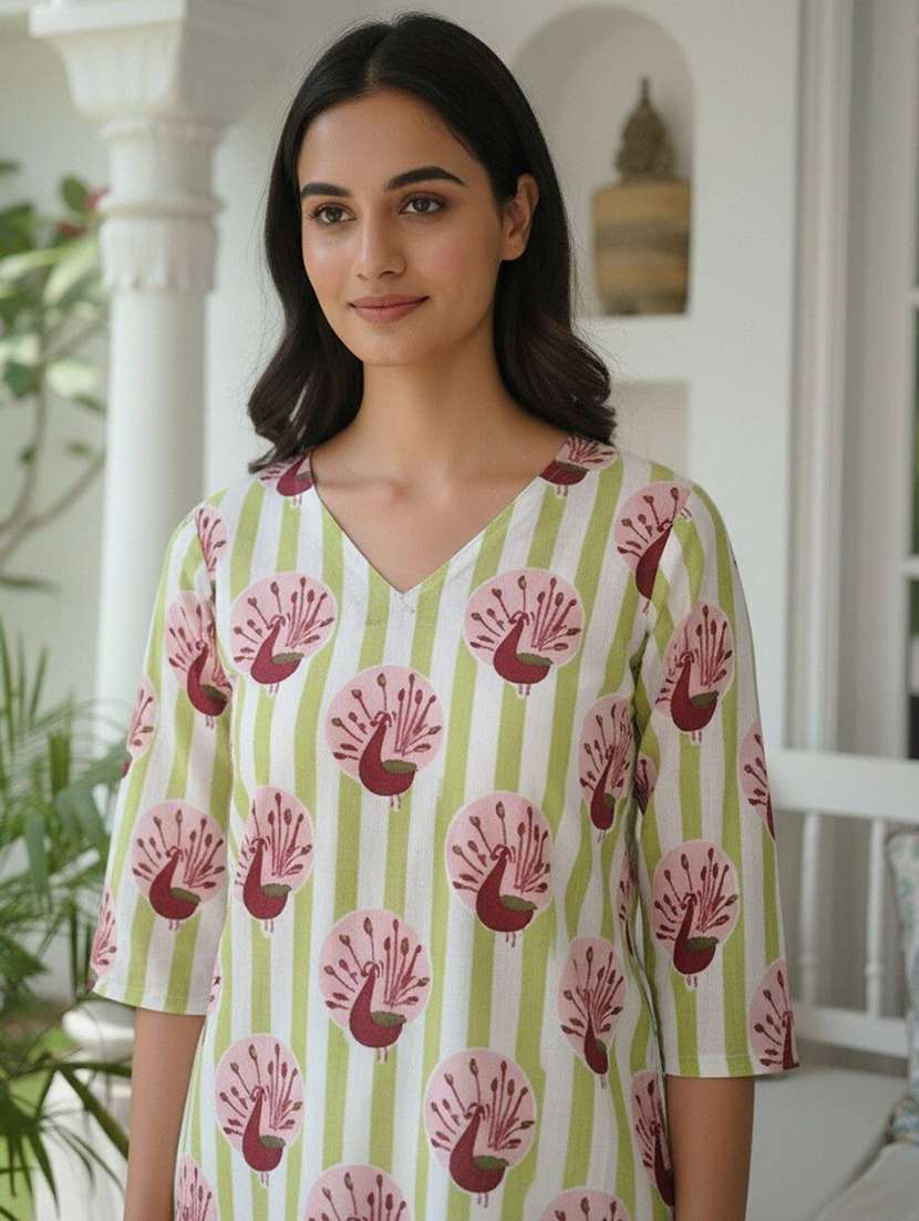 women printed three quarter sleeve straight kurti - 22527828 -  Standard Image - 1