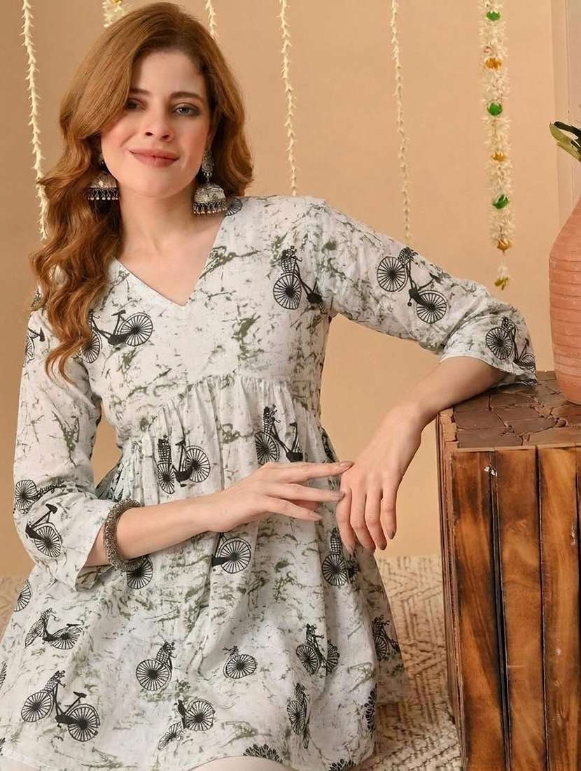 women printed three quarter sleeve straight kurti - 22527845 -  Standard Image - 1