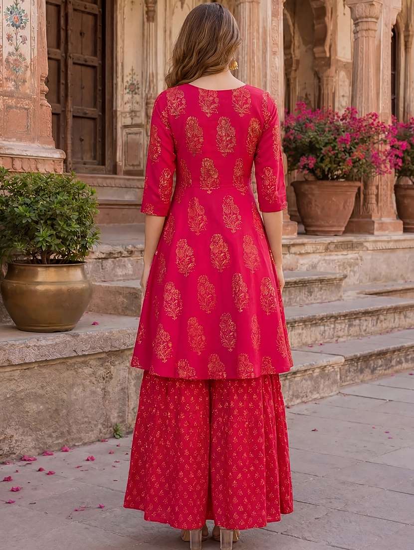 women foil printed three quarter sleeve kurta palazzo set - 22527935 -  Standard Image - 4