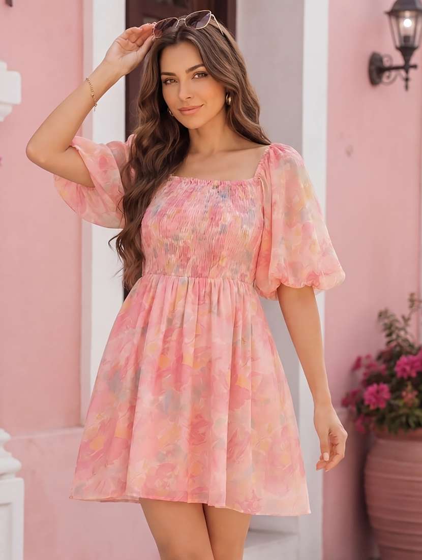 women printed square neck fit and flare dress