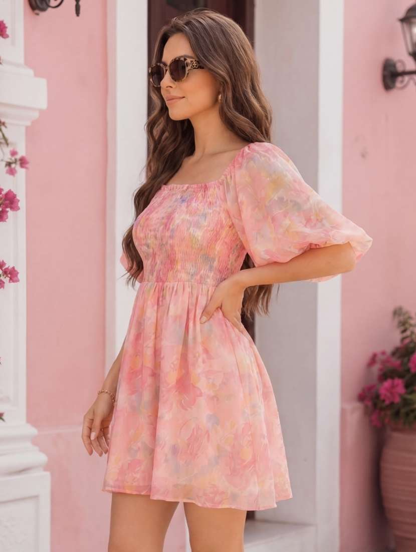 women printed square neck fit and flare dress - 22527954 -  Standard Image - 1