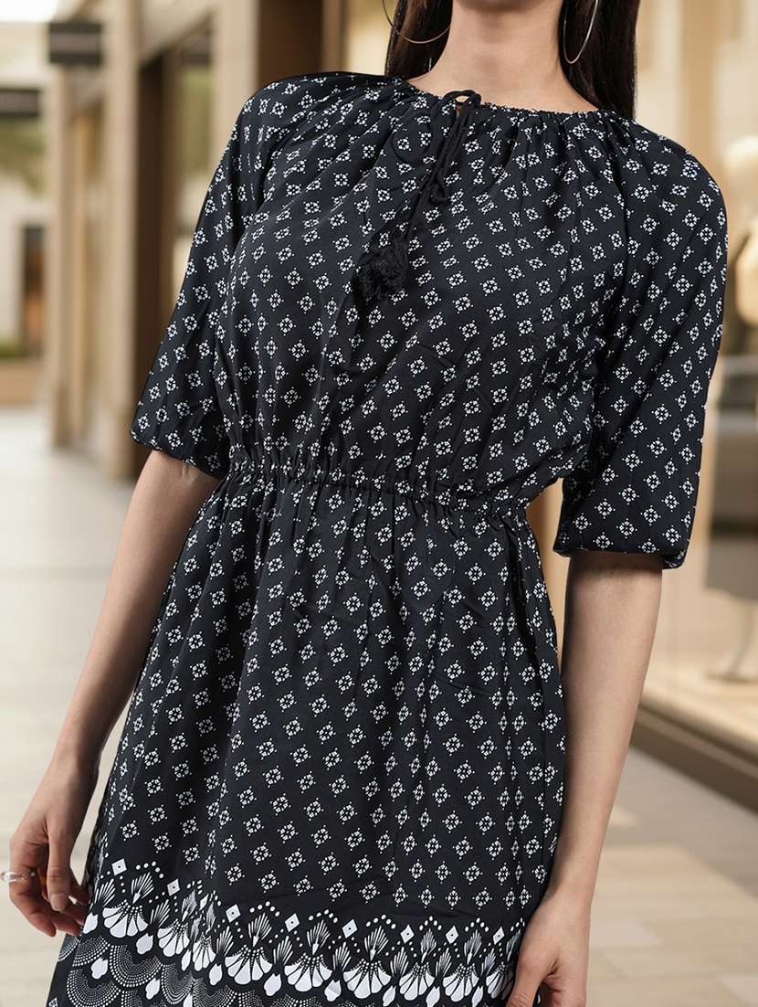 women printed tie up neck a-line dress - 22527965 -  Standard Image - 1