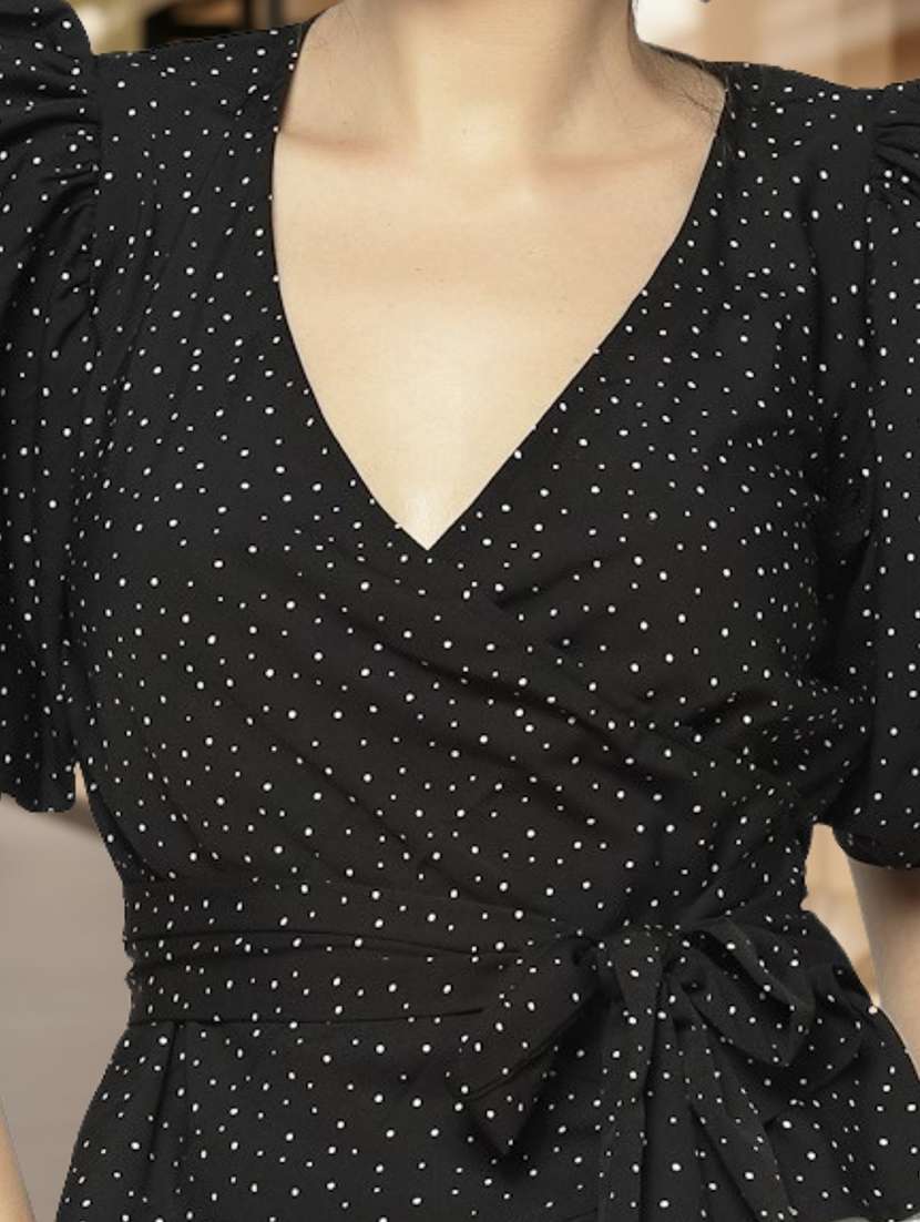 women printed puff sleeves wrap top - 22527988 -  Standard Image - 1