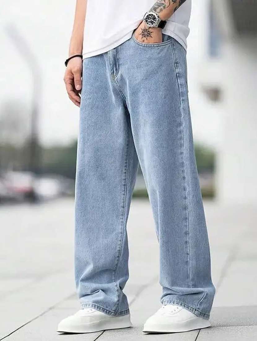 men plain mid rise full length baggy jeans - 22528036 -  Standard Image - 1