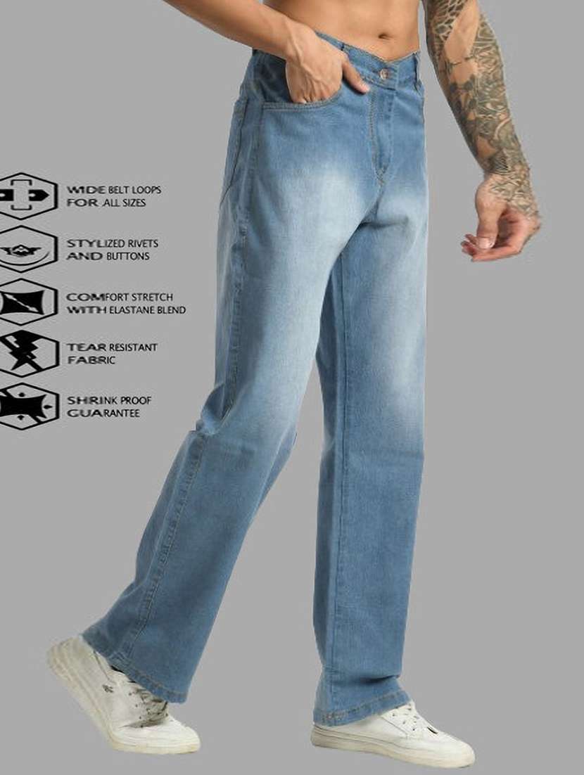 men washed mid rise full length straight jeans
