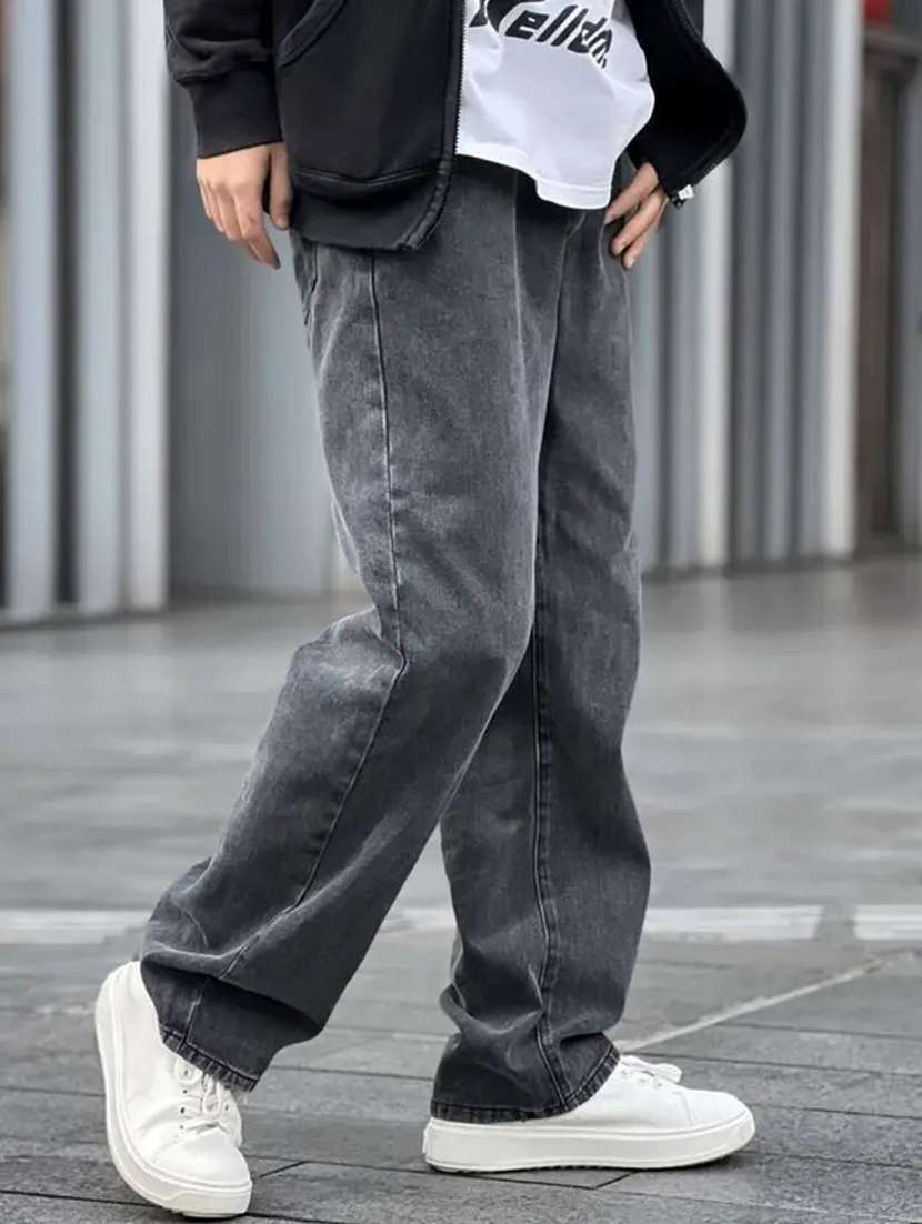 men plain mid rise full length baggy jeans