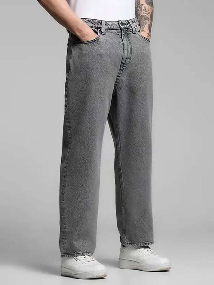 men plain mid rise full length straight jeans