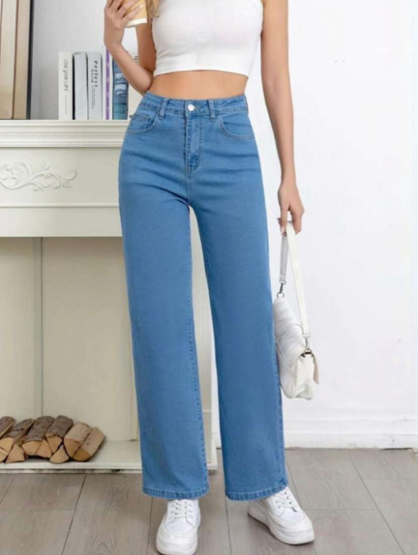 women solid mid rise straight fit jeans