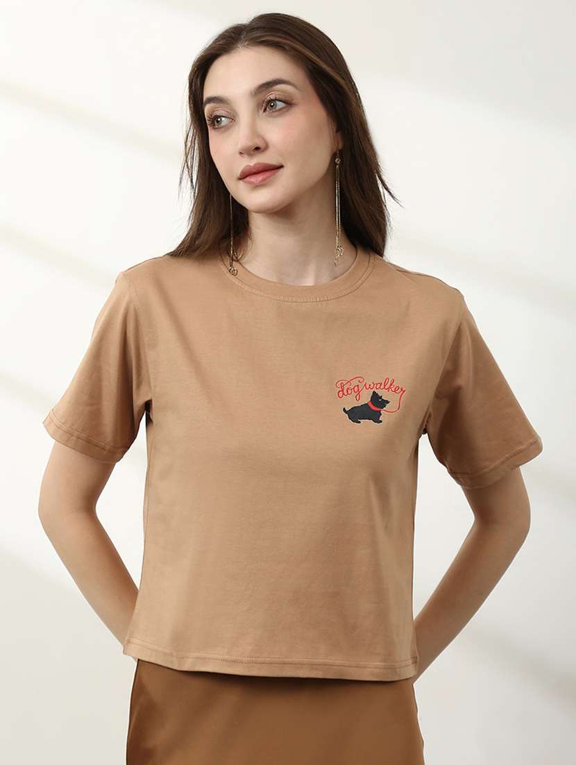 women placement printed short sleeves crop t-shirt