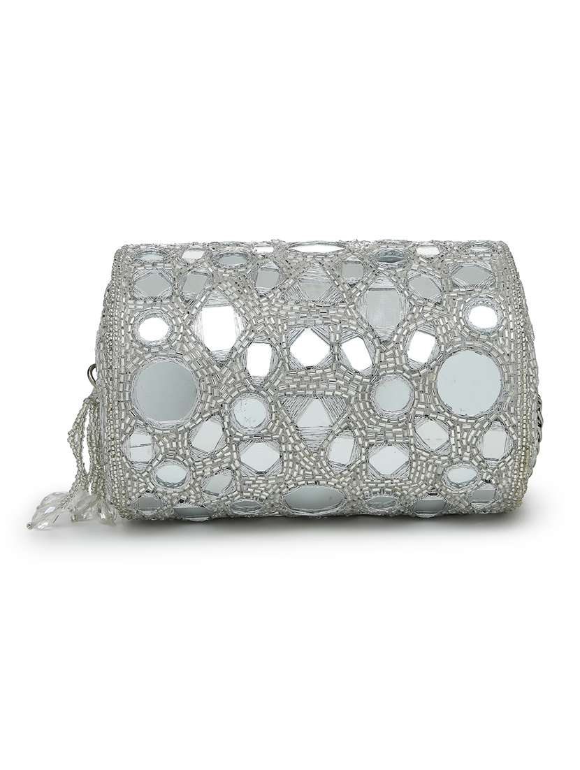 Fold Over Silver Embellished Faux Silk Clutch - 22528942 -  Standard Image - 1
