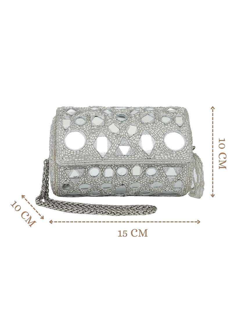 Fold Over Silver Embellished Faux Silk Clutch - 22528942 -  Standard Image - 4