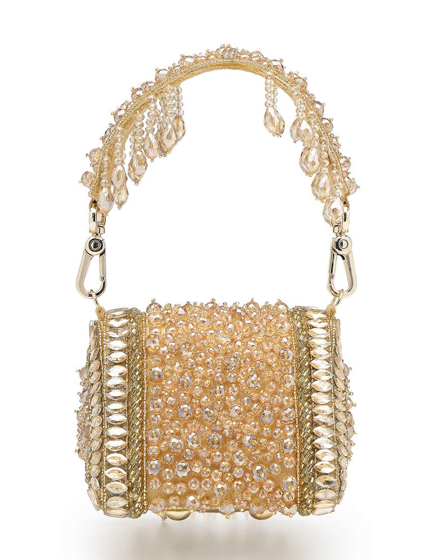 gold suede fold over embellished clutch with magnetic button closure - 22528945 -  Standard Image - 1