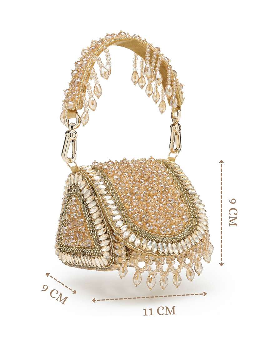 gold suede fold over embellished clutch with magnetic button closure - 22528945 -  Standard Image - 4