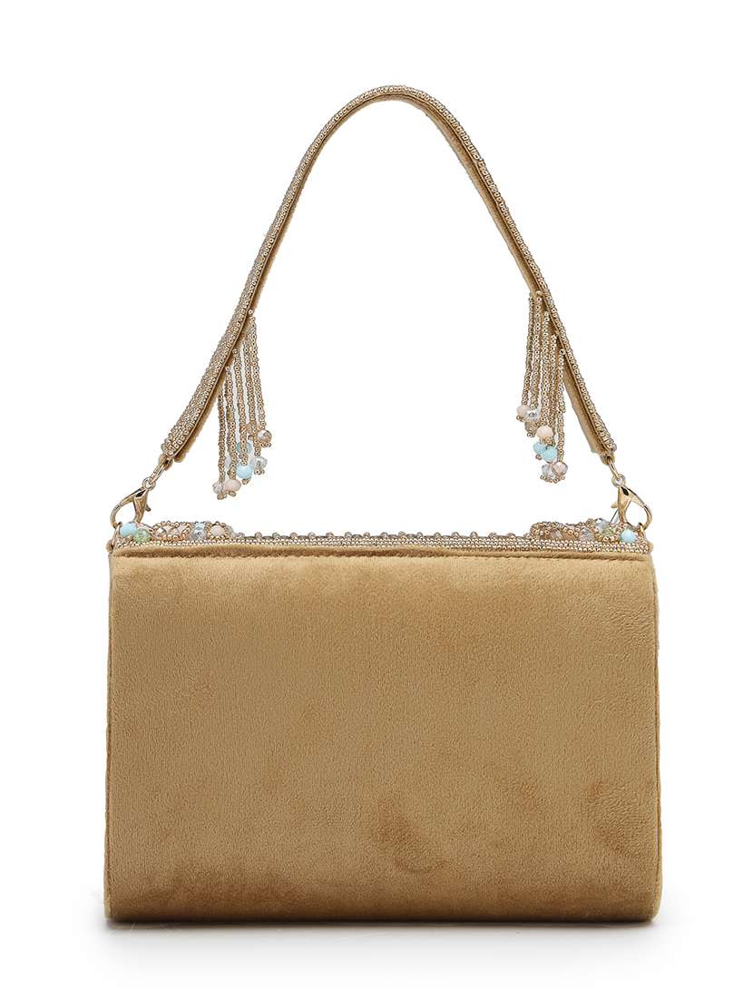 anekaant gold suede embellished fold over clutch - 22528948 -  Standard Image - 1