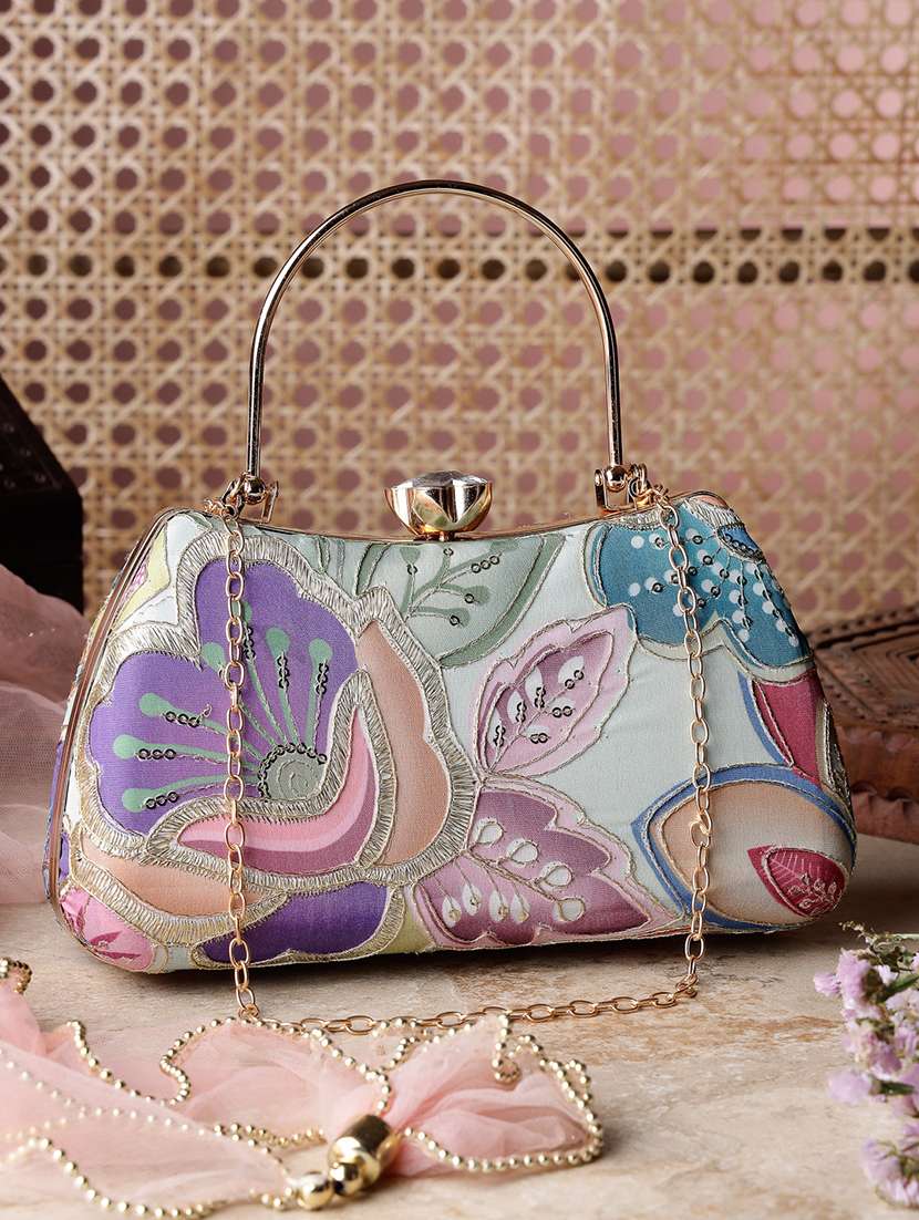 floral embroidered faux silk clutch with metallic handle