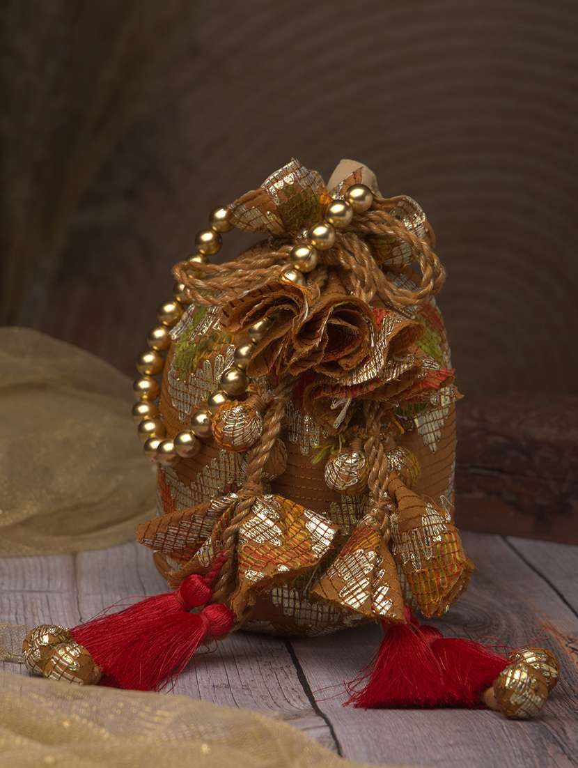 rust brown faux silk ethnic potli bag with drawstring closure and tassels
